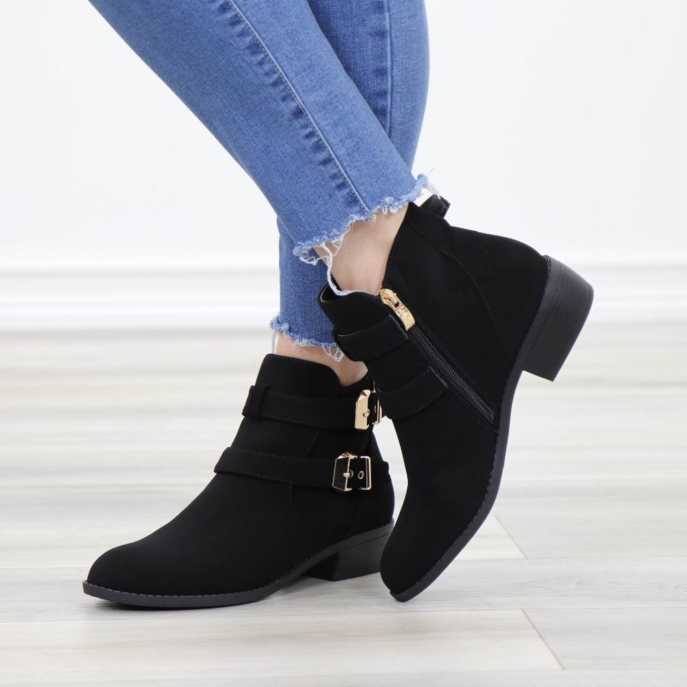 Black Velvet Ankle Boots Gold Buckles Booties - Picture 9 of 13